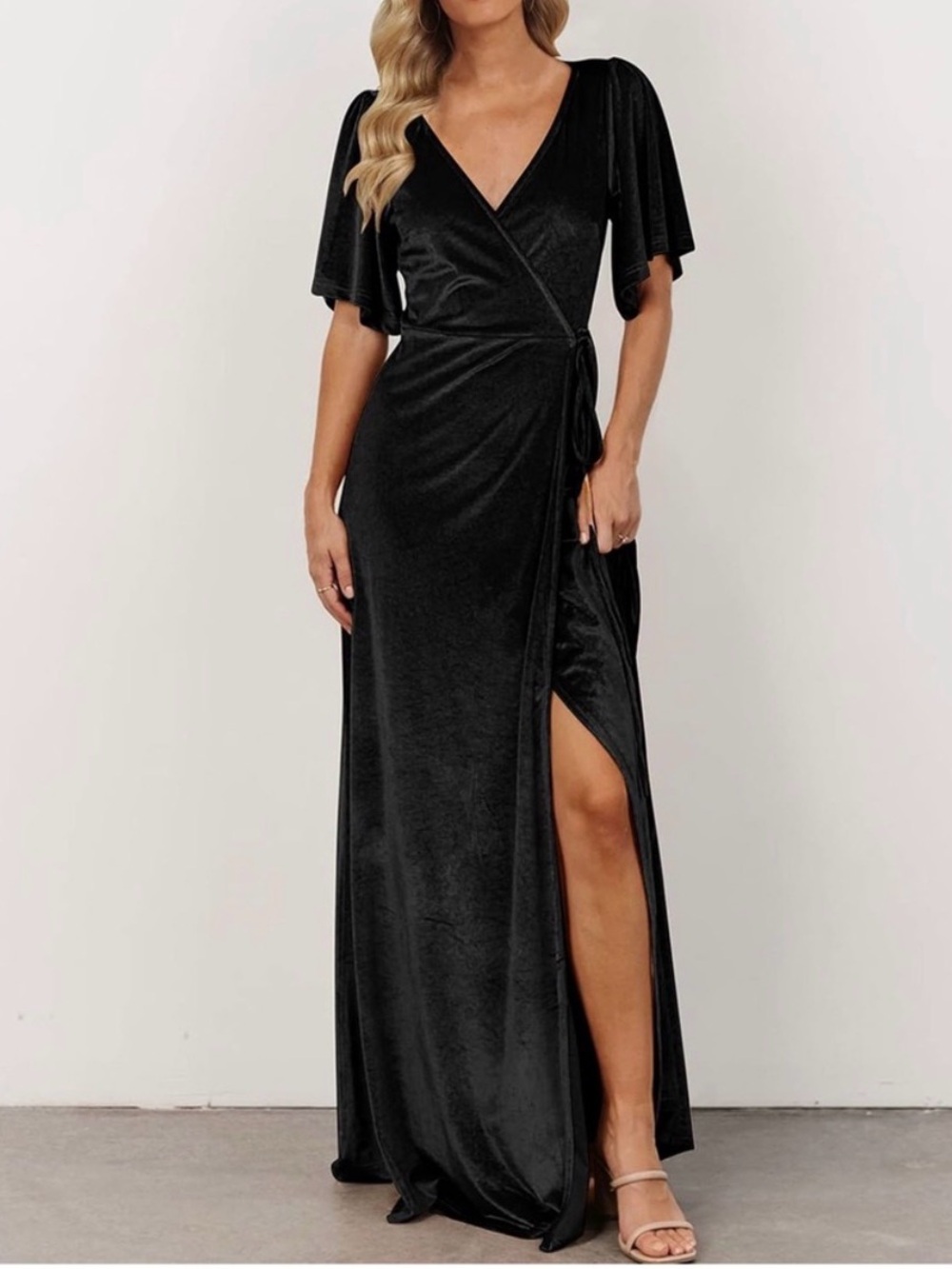 V-Neck Velvet Wedding Guest Maxi Dress with Slit